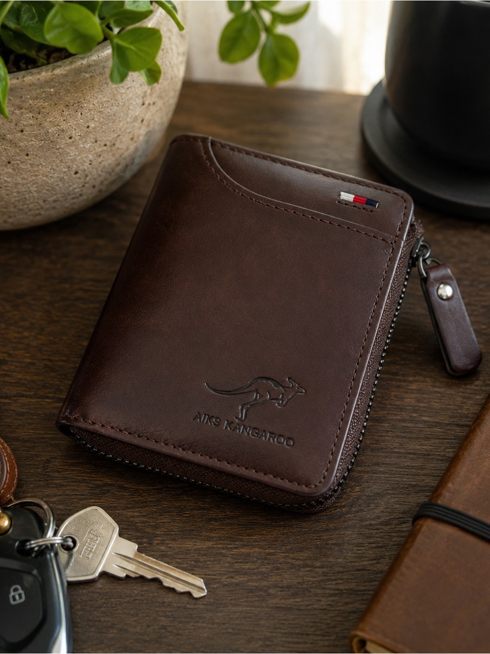 AIKS Kangaroo Brown Zip Around Bifold Wallet NWOT